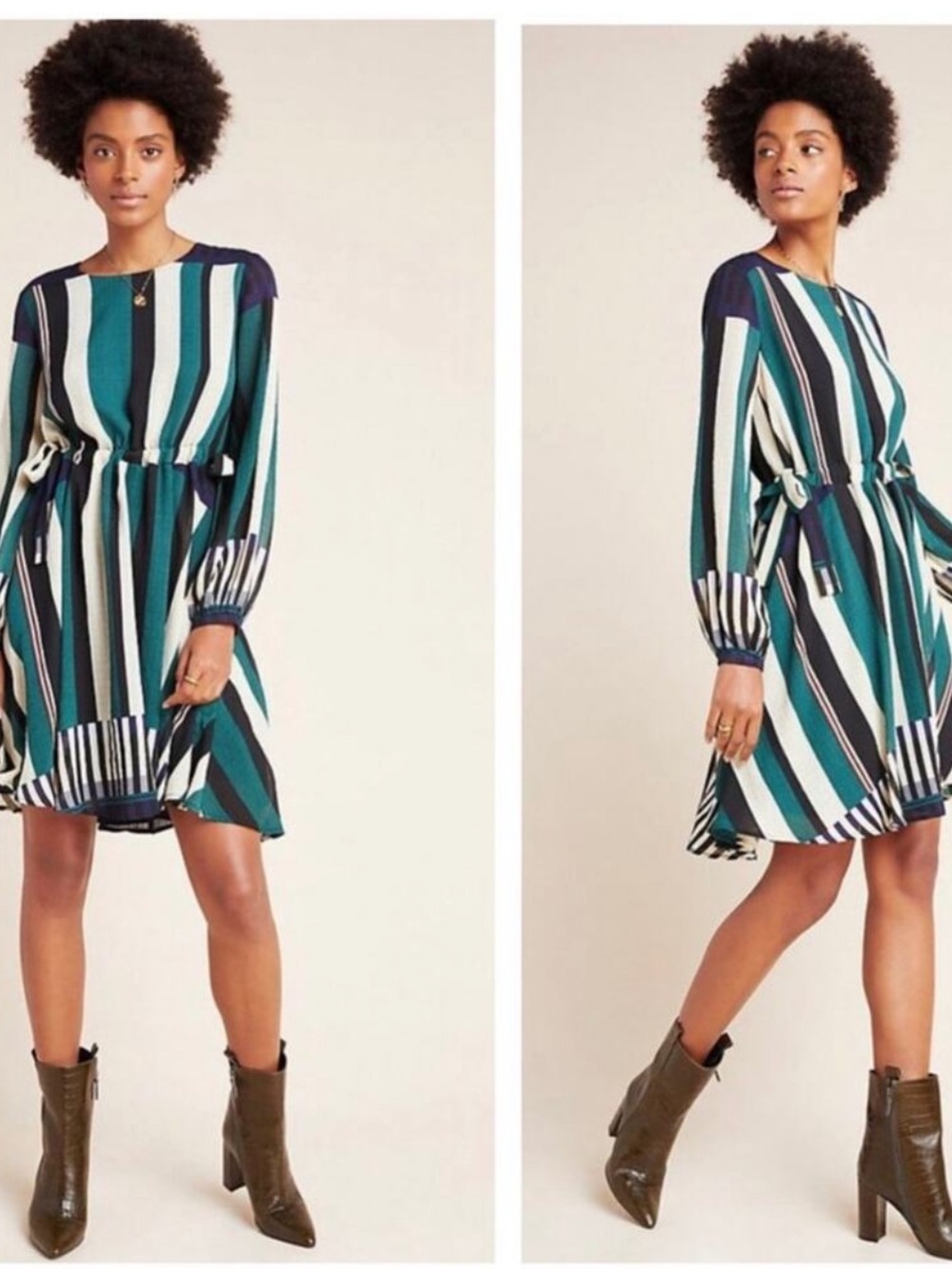 Anthropologie Sunday in Brooklyn Green Navy Striped Dress Size Large